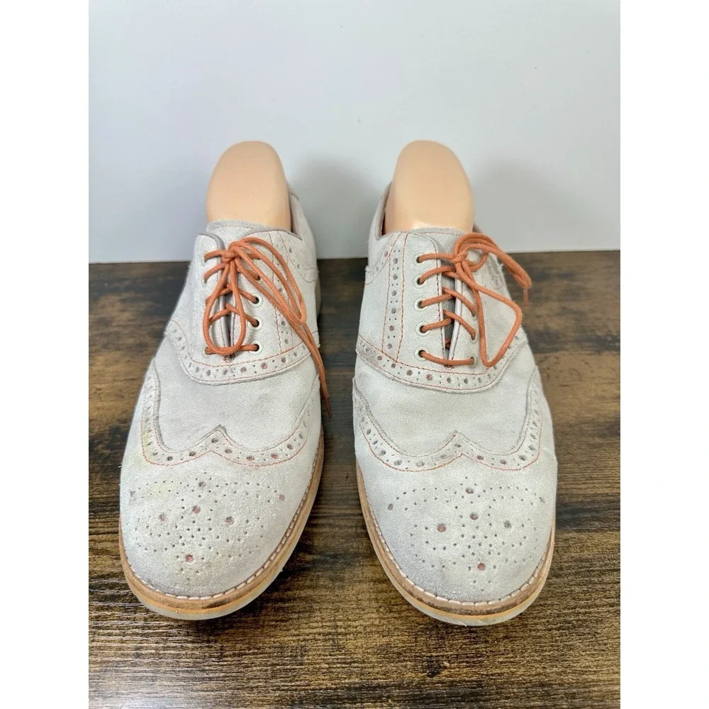 Johnston & Murphy Mens 10M Suede Wingtip Oxford Shoes Gray Sheepskin Lace Up